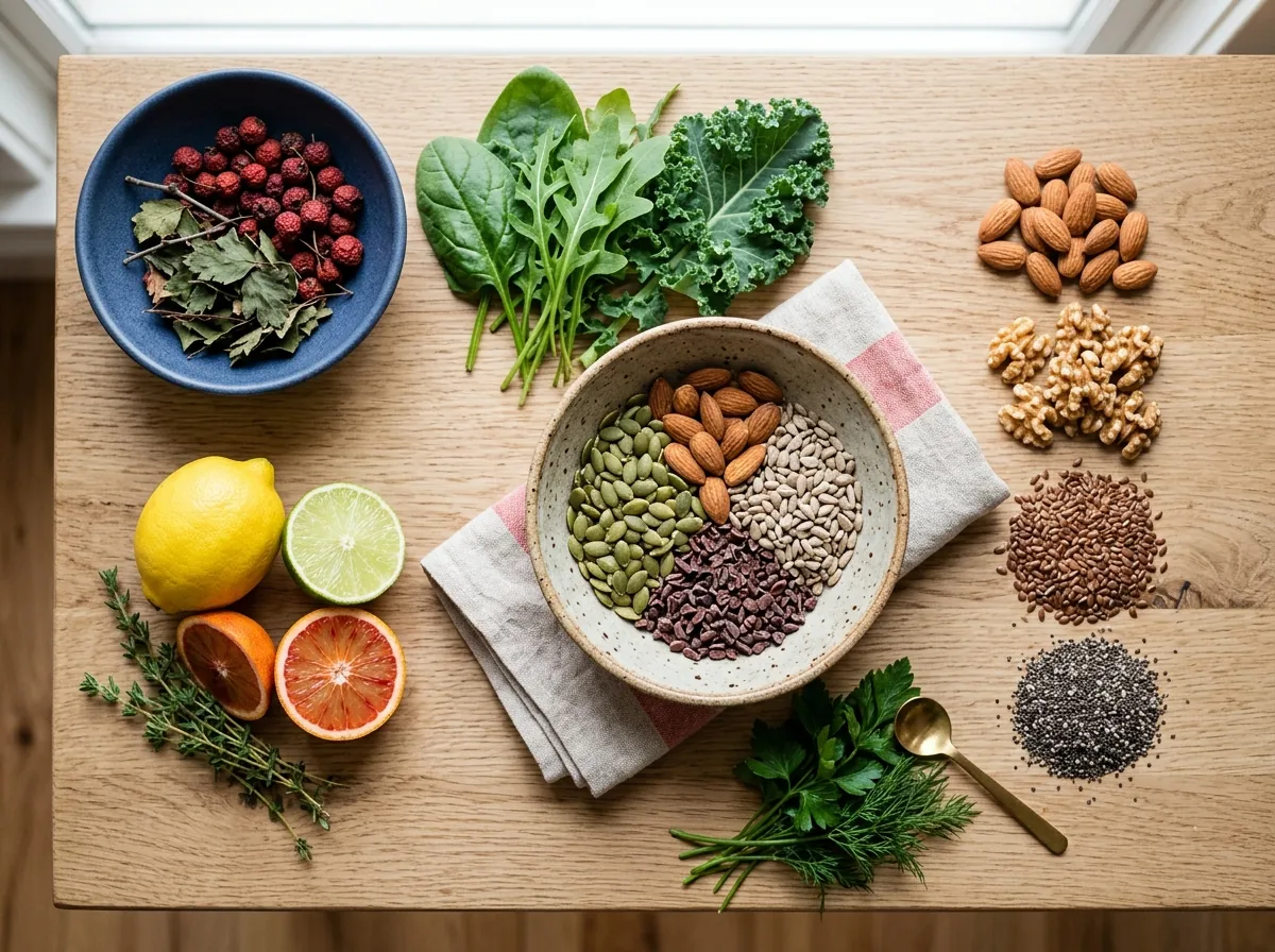Whole natural ingredients: hawthorn berries, citrus and leafy greens