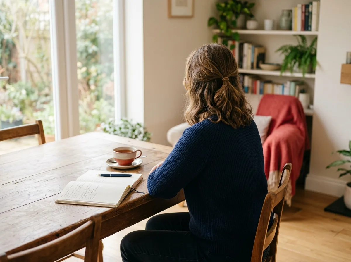A person sitting at a table with a notebook and tea in a warm interior