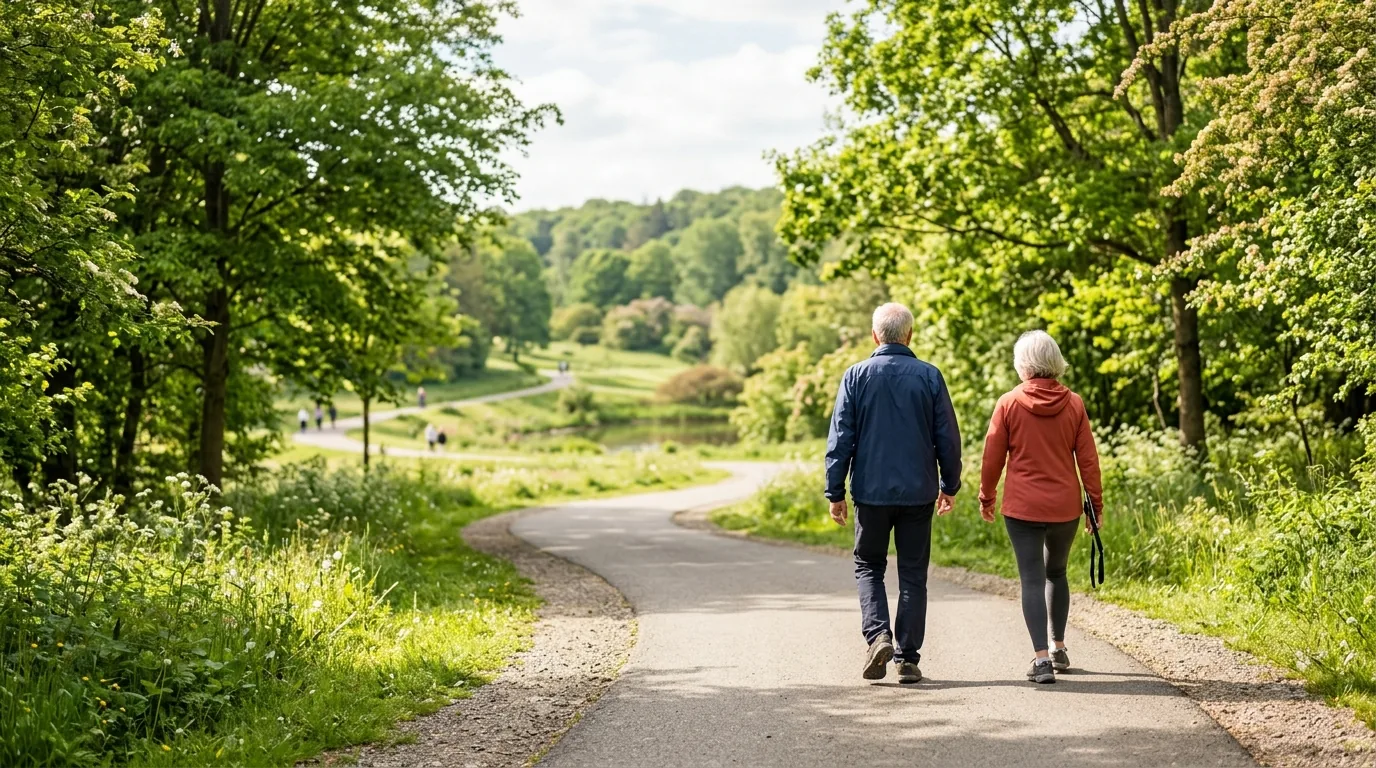 An active couple walking outdoors in a park, seen from behind