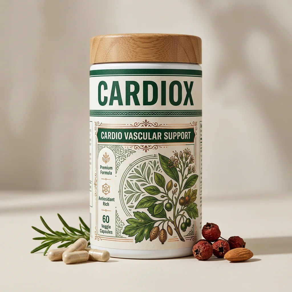 cardiox food supplement bottle with navy label and red pulse line